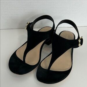 Stuart Weitzman Black Suede T-Strap Sandals Pearl Buckle Low Heel 8